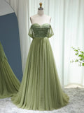 A Line Off Shoulder Tulle Sequin Green Prom Dress