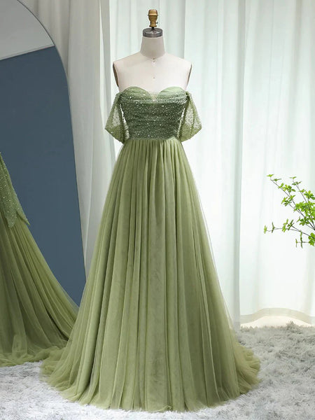 A Line Off Shoulder Tulle Sequin Green Prom Dress