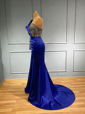 Long Sleeves Royal Blue One Shoulder Satin Mermaid Prom Dress