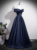 Off Shoulder Satin Dark Blue A Line Prom Dress