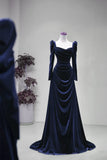 Long Sleeve Navy Velvet Ruched Floor Length Prom Dress