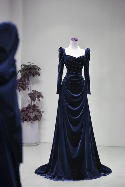 Long Sleeve Navy Velvet Ruched Floor Length Prom Dress