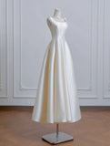 A-Line Tea Length Ivory Satin Boat Neck Prom Dress