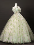 Off Shoulder Tulle Lace Green Floral A Line Prom Dress