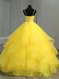 Layered Ruffled Tulle Sunshine Yellow Spaghetti Strap Prom Dress