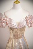 A Line Off the Shoulder Champagne Sequin Prom Dress