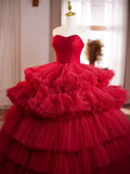 Burgundy Tulle Sweetheart Ruffle A Line Prom Dress