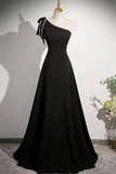 Black A Line One Shoulder Pearls Prom Dress