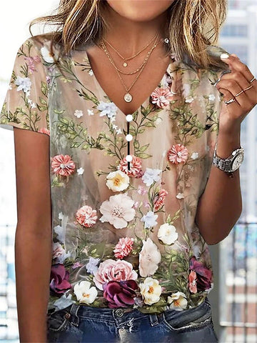 PINK FLORAL BUTTON-UP TEE