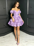 Lilac Sweetheart Short Sleeves Layer Mini Satin Homecoming Dress