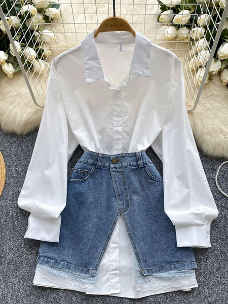 Classic White Blouse with Denim Skirt