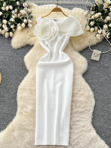 Floral Embellishment One Shoulder White Bodycon Dress
