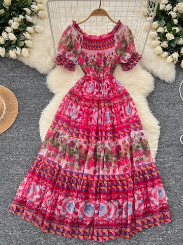 Puff Sleeves Smocked Floral Print Maxi Dress