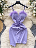 Sexy Lavender Feather-Trimmed Evening Dress