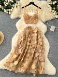 Embroidery Tulle Skirt Beige Lace Dress