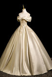Elegant Gold Off the Shoulder Ball Gown Beading Prom Dress