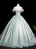 Off Shoulder Satin Light Green A Line Prom Dress
