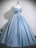 Off The Shoulder Satin Blue Corset A Line Prom Dress