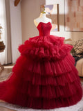Burgundy Tulle Sweetheart Ruffle A Line Prom Dress