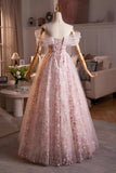 Pink Flower Tulle Off the Shoulder Prom Dress