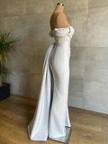 Draped Train Ivory Off The Shoulder Satin Mermaid Prom Dress