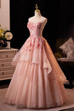 Pink Flower Strapless A Line Ruffles Prom Dress
