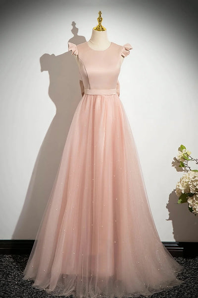 Pink Satin Tulle Ruffles Scoop A Line Prom Dress