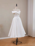 Tea Length White Satin A Line Off Shoulder Prom Dress
