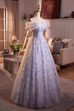 A Line Blue Flower Tulle Off the Shoulde Prom Dress