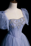 Sweetheart Tulle Puffy Sleeves A Line Blue Prom Dress