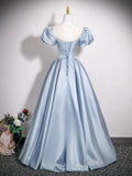 A Line Puff Sleeves Satin Blue Beading Prom Dress