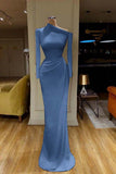 Draped Waist White One-Shoulder Long Sleeve Prom Dress