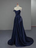 A Line V Neck Satin Dark Blue Ruched Prom Dress