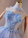 A-Line Tulle Flower Blue Strapless Prom Dress