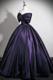 Purple Satin Off the Shoulder A Line Prom Dress
