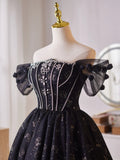 A-Line Off Shoulder Tulle Beads Black Homecoming Dress