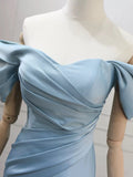 Mermaid Off Shoulder Satin Blue Ruched Prom Dress