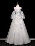 Long Sleeves Tulle White Floral A Line Prom Dress
