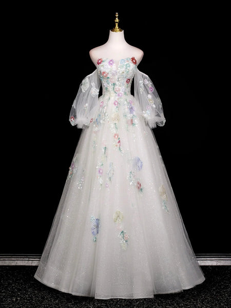 Long Sleeves Tulle White Floral A Line Prom Dress