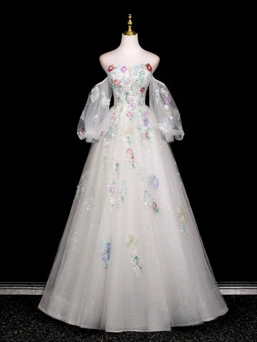 Long Sleeves Tulle White Floral A Line Prom Dress