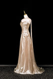 Champagne Mermaid Strapless Ruched Sweep Train Prom Dress