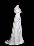 A Line Off Shoulder Satin White Ruched Prom Dress