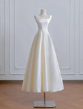 A-Line Tea Length Ivory Satin Boat Neck Prom Dress