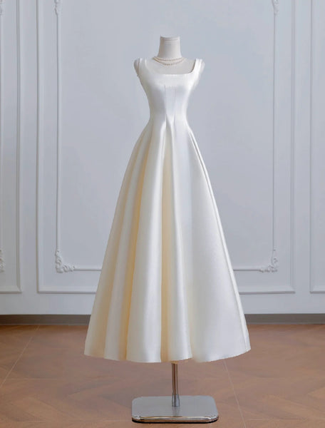 A-Line Tea Length Ivory Satin Boat Neck Prom Dress