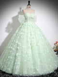 Green Sweetheart Flower Tulle Lace A Line Prom Dress