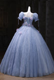 Short Sleeve Blue Tulle Sequins Flower Prom Dress