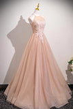 Pink Tulle Lace A Line Open Back  Prom Dress