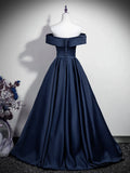 Off Shoulder Satin Dark Blue A Line Prom Dress