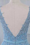 Lace Embroidery Sky Blue A Line Tulle Prom Dress