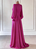 Gold Embellished Bishop Sleeves Fuchsia Pink V Neck Prom Dress